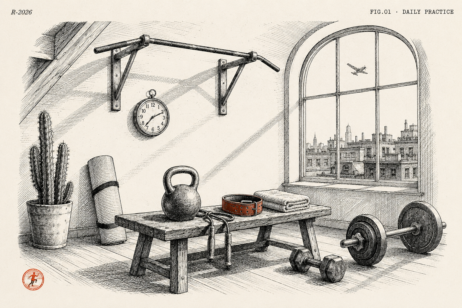 Ritual — pen-and-ink illustration of a home gym loft